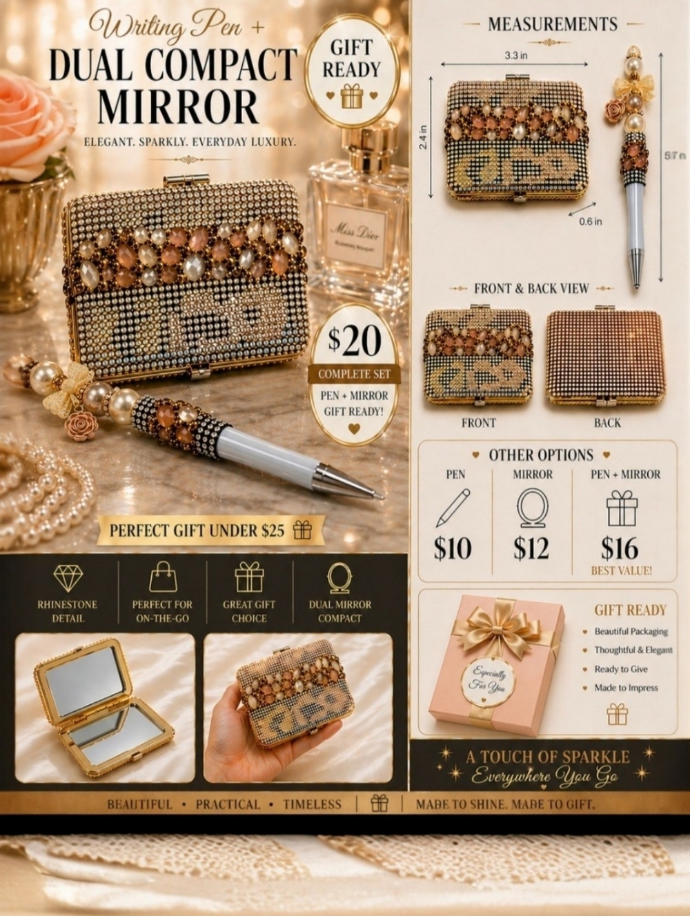 Jeweled Pen + Dual Mirror Compact Sparkly Rhinestone Gift Set Elegant Bling